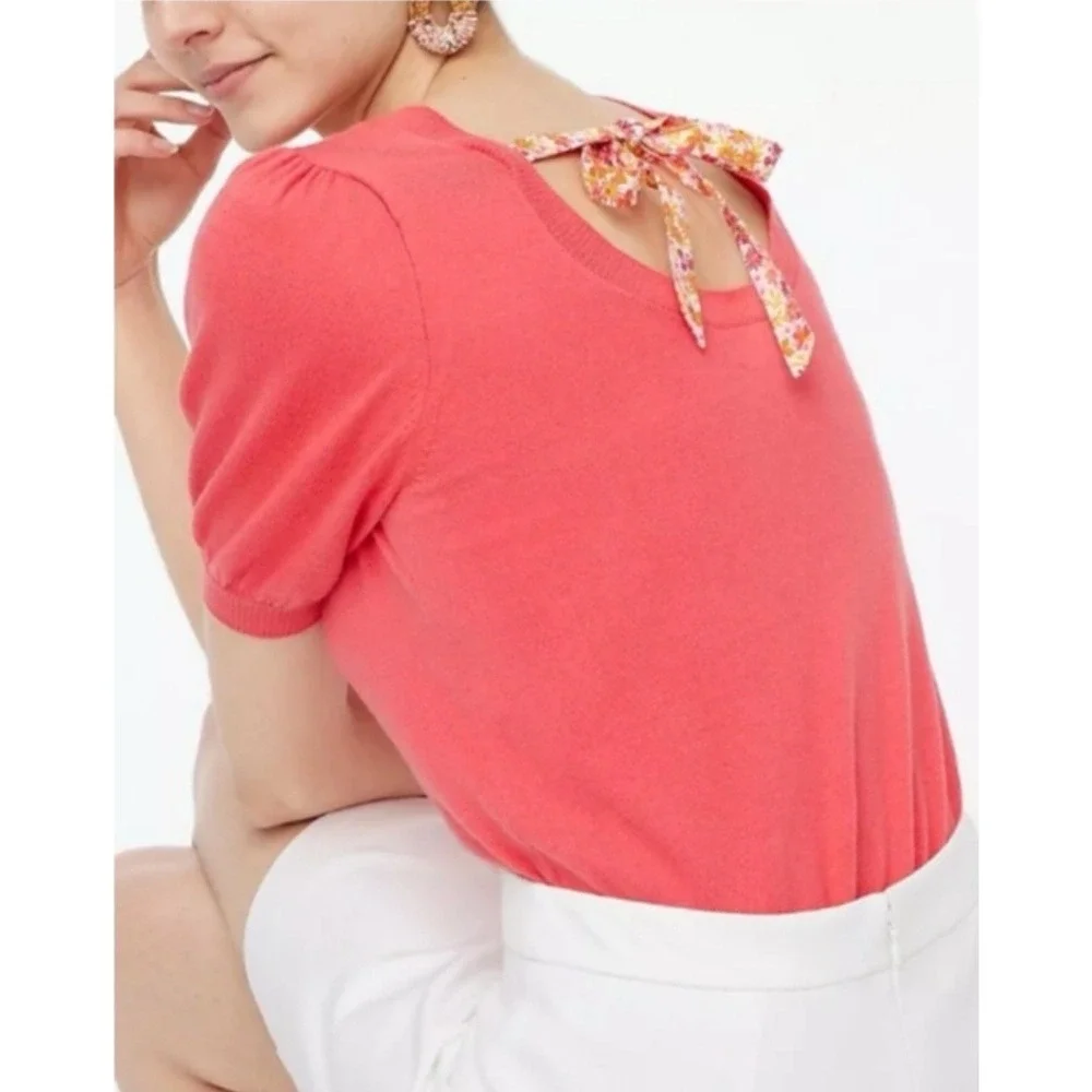 J.Crew Women's Size Large Orange‎ Pink Back Floral Bow Tie Short Puff Sleeve Top